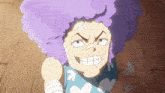 a cartoon character with purple hair and a bandaged nose