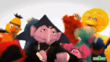 a group of sesame street characters are posing for a photo