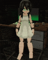 a girl in a white dress is standing in front of a computer screen