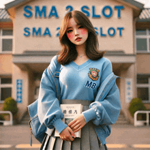 a girl in a blue sweater with the letter mb on it