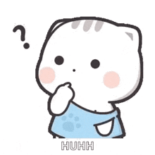 a cartoon cat is covering its mouth with its hand and has a question mark above its head .