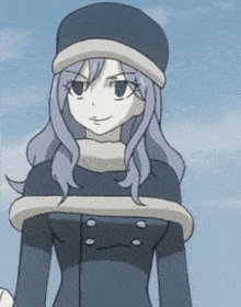 a cartoon girl wearing a blue coat and a hat