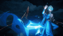 a person in a blue outfit is standing in front of a glowing blue object