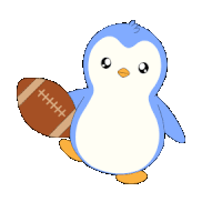 a blue penguin is holding a brown football with a white x on it