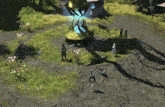 a video game scene with a green glowing object in the middle of the field