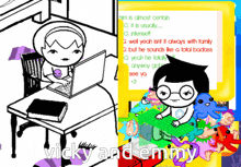 a cartoon of vicky and emmy sitting at a table