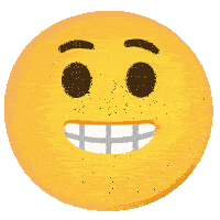 a yellow smiley face with brown eyes and white teeth on a white background