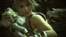 a woman in a video game with a greek key on her chest