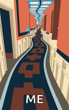 an illustration of a long hallway with the word me on the bottom