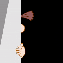 a cartoon of a girl peeking out from behind a wall with haaaiiii written on it