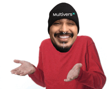 a man wearing a red shirt and a black beanie with the word multivers on it