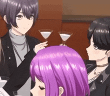 a girl with purple hair is holding a martini glass in front of a group of anime girls .
