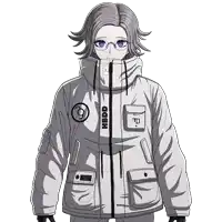 a drawing of a girl with glasses and a jacket that says hbdd
