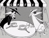 two cartoon characters are sitting at a table with cups of coffee under an awning that says cafe
