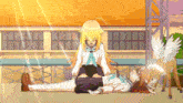 a cartoon of a girl laying on the ground next to a deer with angel wings