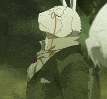 a rabbit with a rope around its neck is wearing a suit