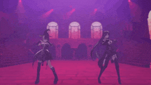 two witches are dancing in a dark room