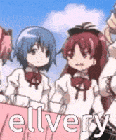 a group of anime girls are standing next to each other and the word elvery is on the bottom of the picture .
