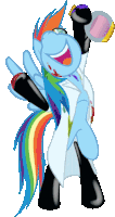a cartoon pony with a rainbow mane and tail is wearing a lab coat and holding a flask