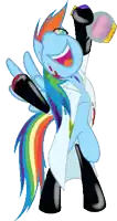 a cartoon pony with a rainbow mane and tail is wearing a lab coat and holding a flask