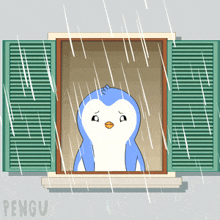 a penguin is looking out of a window in the rain with the word pengu below it