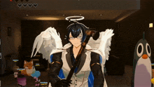 a man with angel wings is holding a hammer in a video game