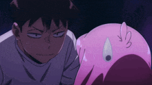 a man is looking at a pink cartoon character with a black eye