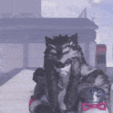 a person dressed as a wolf wearing a bow tie .