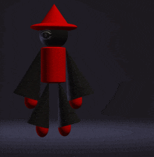 a black figure with a red hat and a black eye