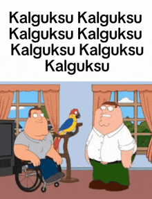 a cartoon of a man in a wheelchair talking to another man with a parrot