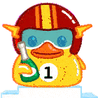 a cartoon duck wearing a helmet and goggles is holding a bottle of champagne with the number 1 on it