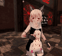a girl with a cat ear standing in front of a sign that says " evil "