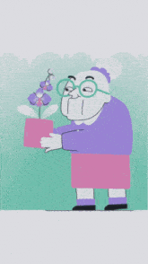 a cartoon of an elderly woman holding a potted plant with purple flowers