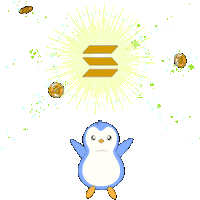 a penguin is surrounded by coins and a glowing symbol