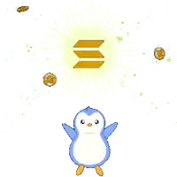 a penguin is surrounded by coins and a glowing symbol