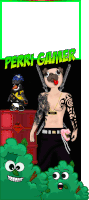 a cartoon of a perry gamer with a green border around him
