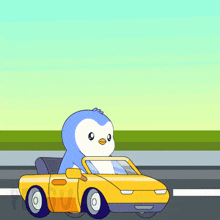 a penguin is driving a yellow car on a highway
