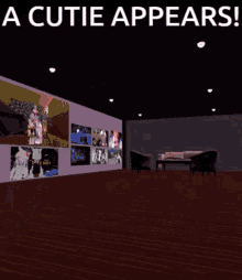 a poster with a cat 's head and the words " a cutie appears " at the top