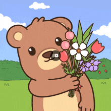 a cartoon bear is holding a bouquet of flowers in front of his face