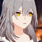 a girl with long grey hair and yellow eyes is looking at the camera .