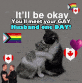 a picture of two cats hugging each other with the words it 'll be okay you 'll meet your gay husband one day