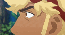 a close up of a cartoon character 's face with a red band around his head