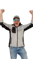 a man wearing sunglasses and a jacket that says ' abercrombie & fitch ' on the front