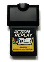 a black action replay dsi updates card with a white background