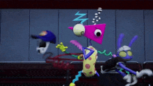 a bunch of cartoon characters are standing next to each other