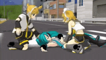 a group of anime characters are laying on the ground on the side of the road .