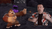 a man in a hawaiian shirt is playing a video game with a monkey in the background