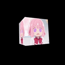 a cartoon girl with pink hair and purple eyes looks surprised