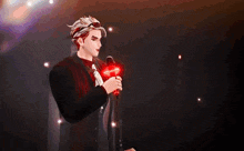 a man in a suit holds a red object in his hand