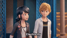 a boy and a girl are standing next to each other holding hands and the girl is saying electricity .